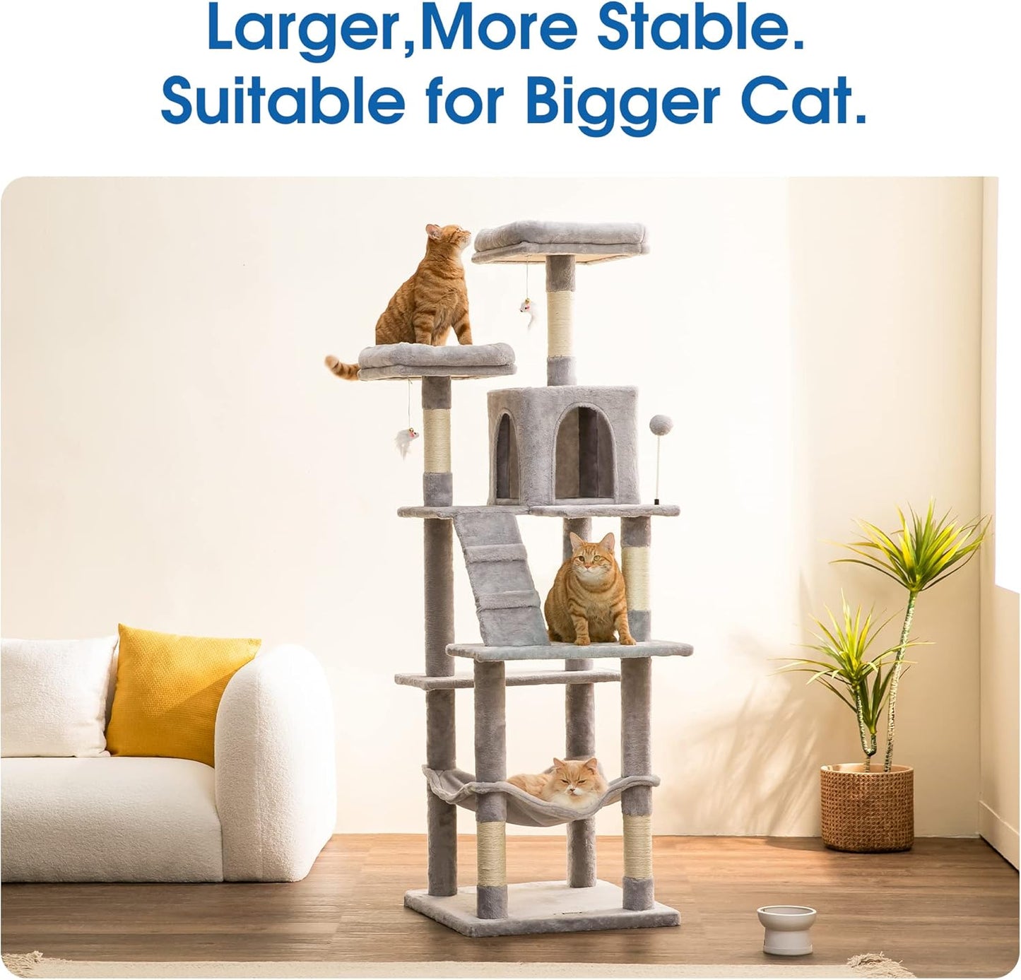 MWPO 70.1-Inch Large Cat Tree, Multi-Level Tall Cat Tower for Indoor Cats, Plush Cat Condo with Big Padded Perches, Sisal-Covered Scratching Posts, Hammock, Toys for Kittens & Cats - Light Grey