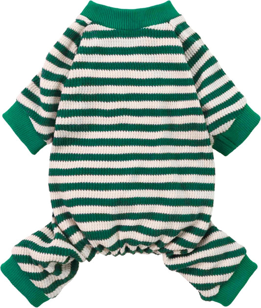 Fitwarm Green and White Striped Dog Pajamas, Waffle Dog Clothes for Small Dogs Girl Boy, Puppy Onesie with Feet, Pet Cat Outfit, XS