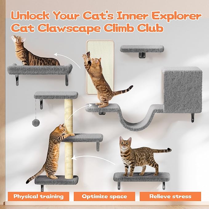 6-in-1 Wall Mounted Cat Climber Set for Heavy Cats，Wall Shelves,Stable & Safe Cat Furniture Set for Large Cats, Wooden Climbing Wall with Scratching Post（ Gray）