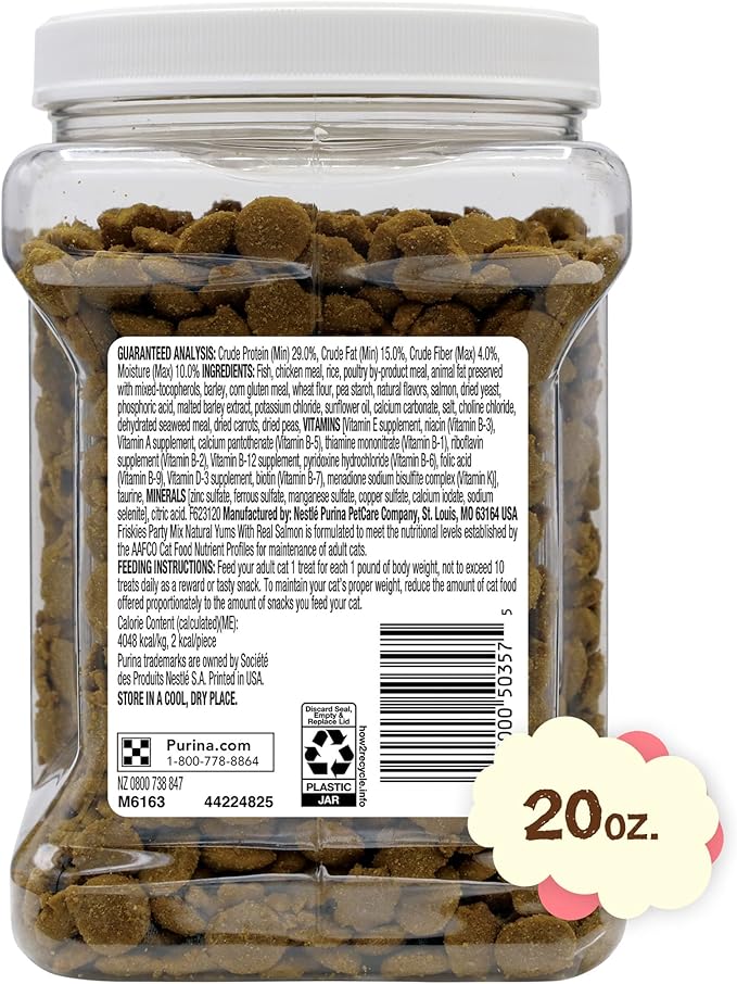 Friskies Purina Natural Cat Treats Party Mix Natural YUMS with Real Salmon and Added Vitamins, Minerals and Nutrients - 20 Oz. Canister (Pack of 2)