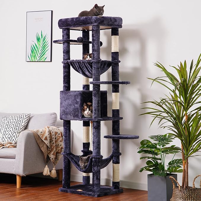 Heybly Cat Tree for Large Cats 20 lbs Heavy Duty,69 inches XXL Cat Tower for Indoor Cats,Multi-Level Furniture Condo with Big Padded Plush Perch,Cozy Basket HCT031G
