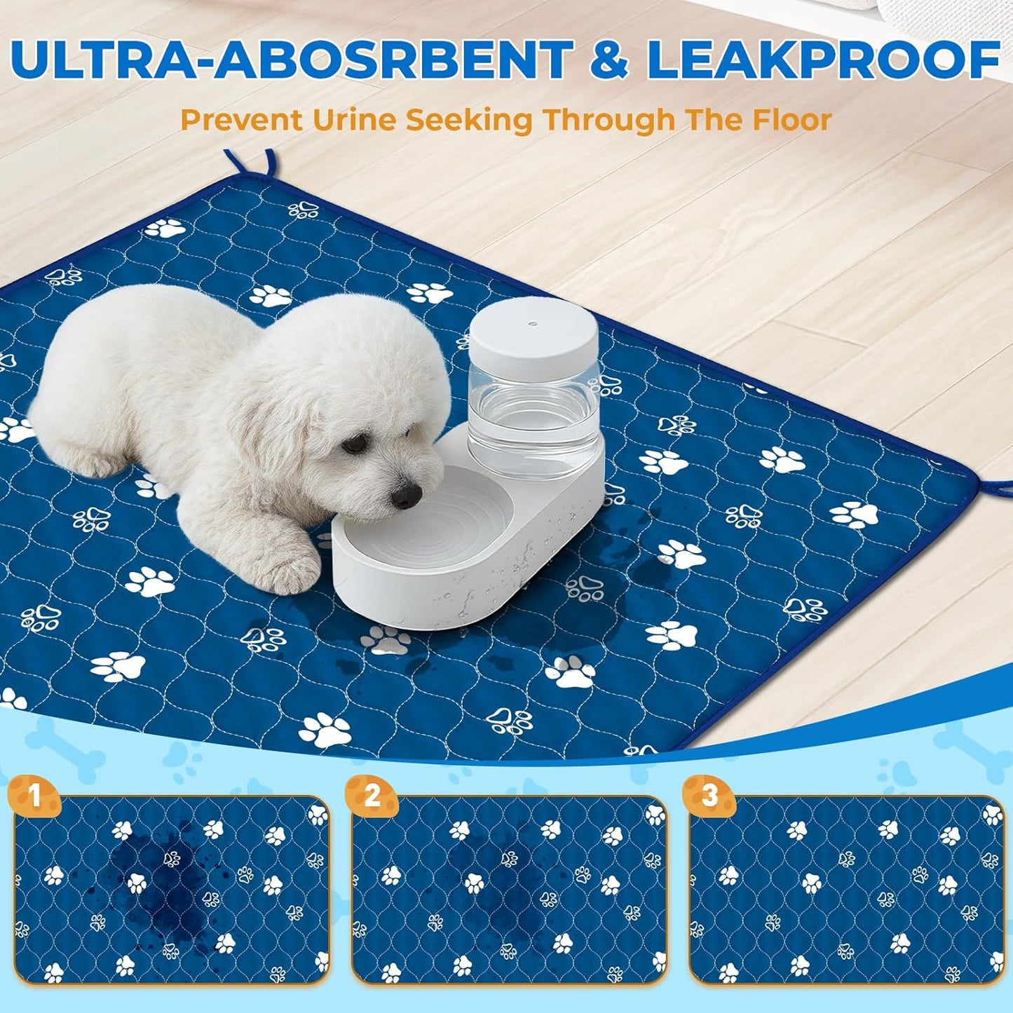Fostanfly Washable Pee Pads for Dogs, 2 Pack Large 36"x48" Ultra-Absorbent and Leak-Proof Non-Slip Reusable Potty Training Pads for Dogs, Puppy & Cats of Add 8 Lanyards-Blue