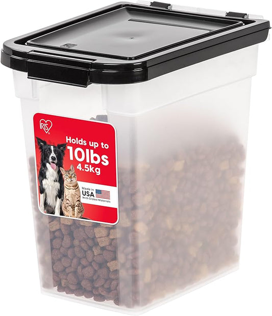 IRIS USA Airtight Dog Food Storage Container, WeatherPro, Up to 10 lbs, Removable Wheels, for Dog Cat Bird and Other Pet Food Storage Bin, Keep Fresh, Translucent Body, Made in USA, Clear/Black