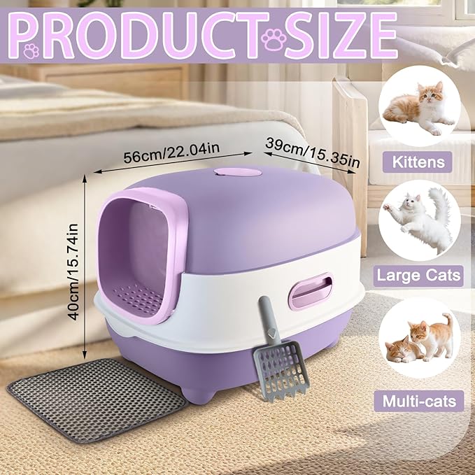 Large Cat Litter Box with Cat Litter Scoop, Foldable Litter Box with Lid, Front Entry and Exit Leak-Proof Litter Cat Box, Odor Control, Easy to Clean (Purple)