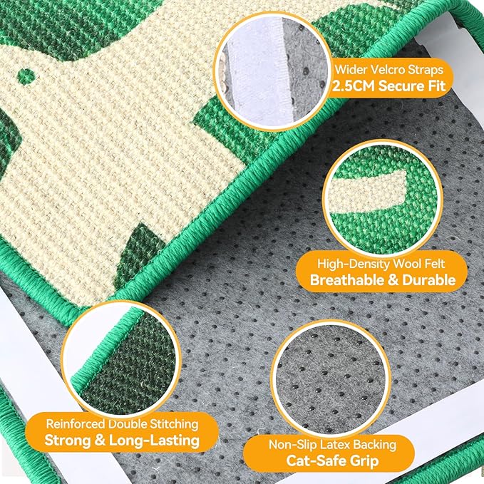 3-in-1 Sisal Cat Scratcher Mat 23.6x15.7'' Protects Carpet Couch & Furniture with Sticker Tape, Floor & Wall Cat Scratching Pad, Anti-Slip, Durable for Indoor Outdoor Cats (Green Emergence)