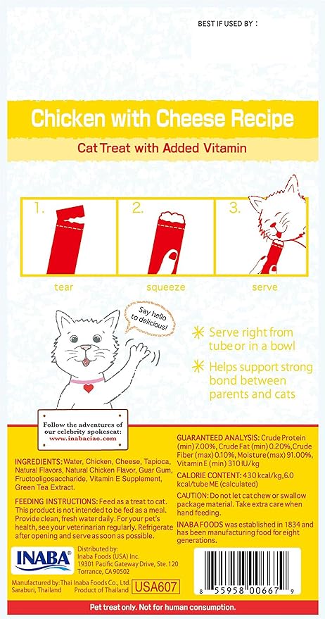 INABA Churu Cat Treats, Grain-Free, Lickable, Squeezable Creamy Purée Cat Treat/Topper with Vitamin E & Taurine, 0.5 Ounces Each Tube, 4 Tubes, Chicken with Cheese Recipe