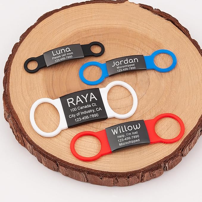 Anavia Slide On Silent Pet ID Tags, S/M/L/XL Personalized Black Stainless Steel Colored Silicone Cat Dog Name Tag, Customized Engraved Nameplate, Quiet Chew-Proof Pet Collar Tag (Red, X-Large)