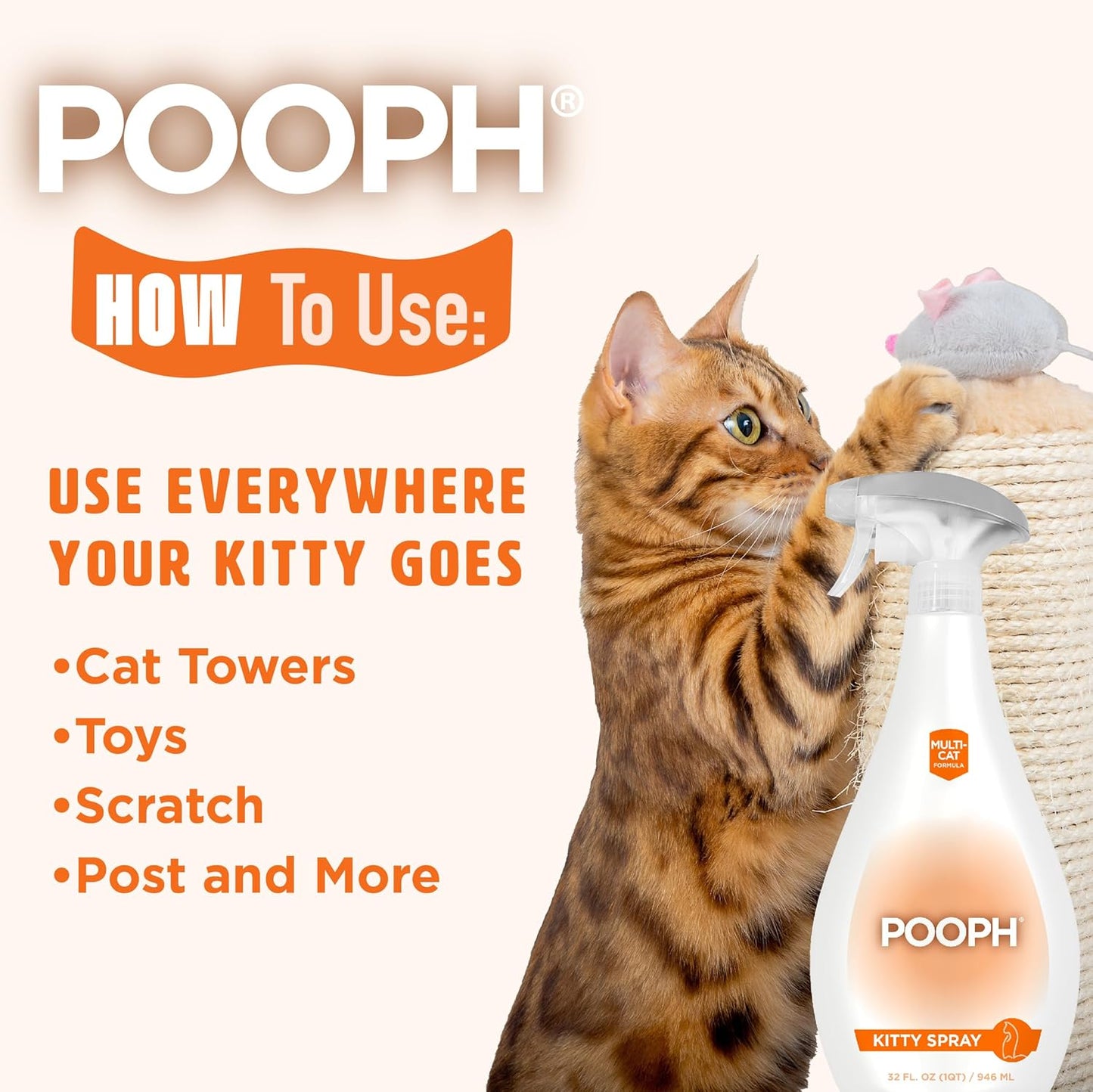 POOPH® Kitty Spray - Patented Technology Eliminates Organic Odor On-Contact Goes Anywhere Your Kitty Goes - Cat Trees, Furniture, Bedding & More Safe Fragrance-Free Non-Toxic Eco-Conscious