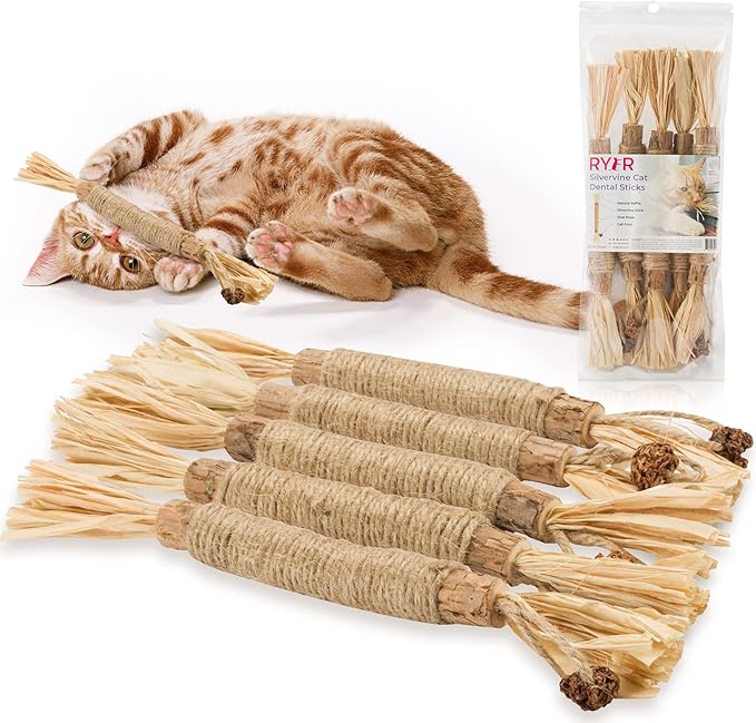 RYERCAT Silvervine Sticks for Cats - 100% Natural Cat Chew Toy for Aggressive Chewers and Kitten Teething - Pet Friendly, Smooth Finish, Irresistible Taste and Smell (5 Pack)
