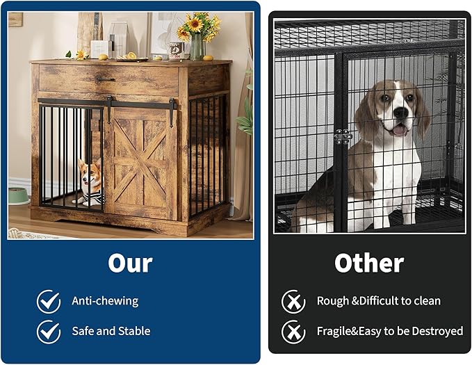 37.8" Dog Crate Furniture, Farmhouse Style 2-in-1 Dog Crate with Sliding Barn Door for Small/Medium Dogs, Dual Function as Side Table with Storage Drawer, 2-in-1 Iron-Wood Fusion Design, Brown
