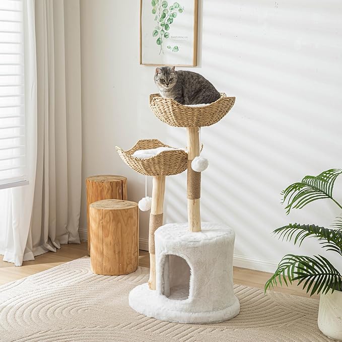Vannokor Modern Cat Tree, Cat Tree Tower with Sisal Scratching Post, Boho Cat Condo for Indoor Cats, 46''H, White