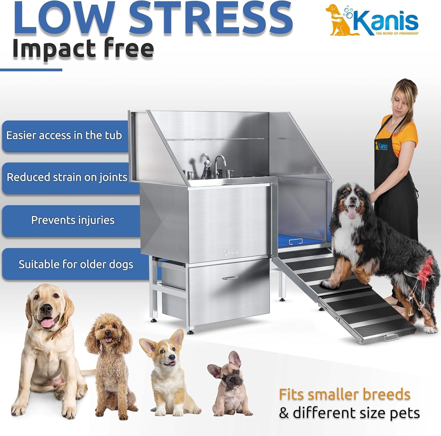 KANIS Professional Dog Washing Station - 304 Stainless Steel Pet Wash Sink & Grooming Bath Tub for Home with Ramp, Shower, Floor Grate, Storage Drawer, Faucet, Drain Kit for Large, Medium & Small Pets