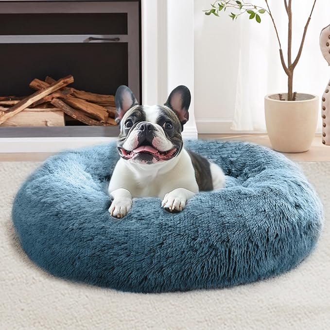 JOLLYVOGUE Small Dog & Cat Beds for Indoor Cats, Donut Cuddler Warming Soft Dog Beds with Anti-Slip Bottom, Round Calming Fluffy Plush Faux Fur Cushion Bed for Medium Dogs (27", Blue)