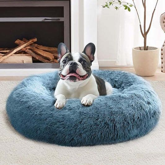 JOLLYVOGUE Small Dog & Cat Beds for Indoor Cats, Donut Cuddler Warming Soft Dog Beds with Anti-Slip Bottom, Round Calming Fluffy Plush Faux Fur Cushion Bed for Medium Dogs (27", Blue)