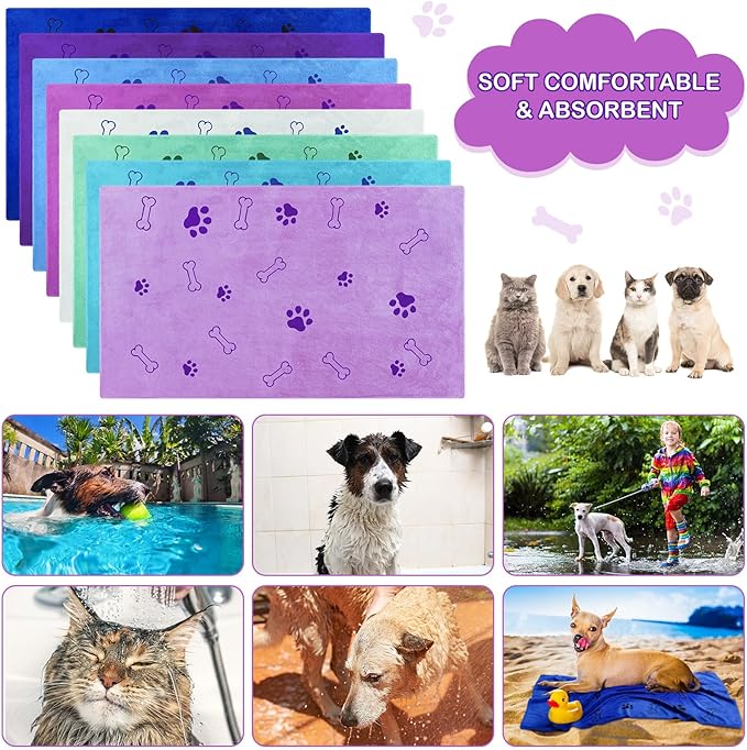 Chumia 8 Pcs Dog Towels for Drying Dogs Cats Pet Towels Bulk Puppy Microfiber Quick Drying Paw Bath Bathing Supplies Absorbent for Medium Pets(Classic Color,55 x 28 Inch)