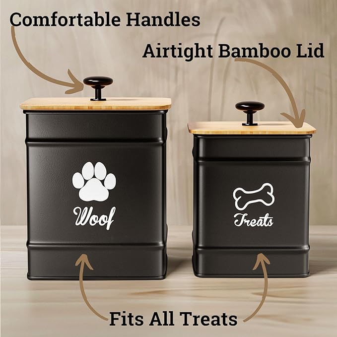 Dog Treat Container Airtight Set of 2 - 8x6 & 7x5 inch Iron Dog Treat Jars for Kitchen Counter with Airtight Bamboo Lids - 20 Cup Capacity Pet Treat Container Set - Doggie Cookie Jar - Treats Canister