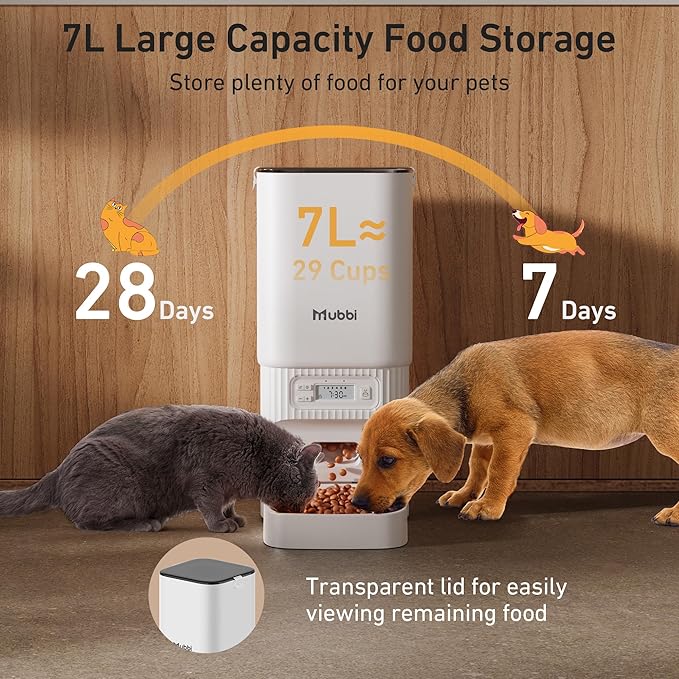 Automatic Cat Feeders, 7L/29 Cups Automatic Dog Feeder with Desiccant Bag, 1-6 Meals Ideal for 2-15mm Dry Food, Suitble for Multiple Pets, Dual Power Supply, Detachable Washable, White