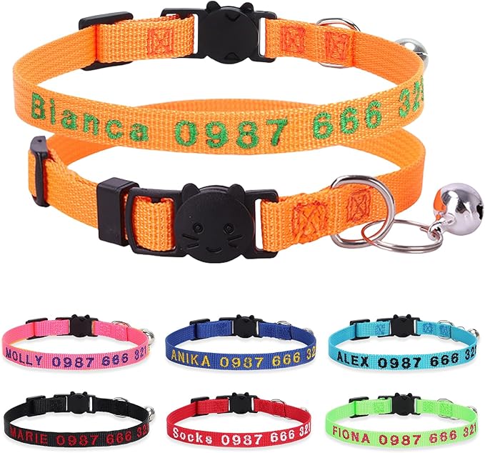 Personalized Cat Collars, Embroidered with Pet Name and Phone Number, Adjustable Nylon Breakaway Safety Release Buckle ID Collar,Custom Text with Bell for Cat or Kitten,Orange