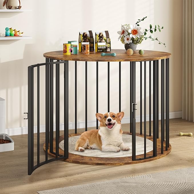 32 Inch Dog Crate Furniture for Large Medium Dogs, Wooden Dog Kennel Indoor Decorative Pet House Side End Table, Round Dog Cage, Rustic Brown