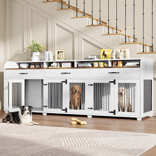AMERLIFE 95" Large Dog Crate Furniture with Storage, 3-Room Indoor Wooden Dog Kennel for Large/Medium Dogs, TV Stand & Sideboard with Drawers & Removable Divider, White+Barnwood