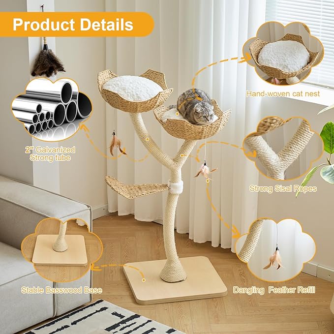 51" Tall Modern Luxury Cat Tree Tower Cat Scratching Post with Handwoven Baskests for Multiple Cats Furniture for Cat Lover Gifts(51" Natural)