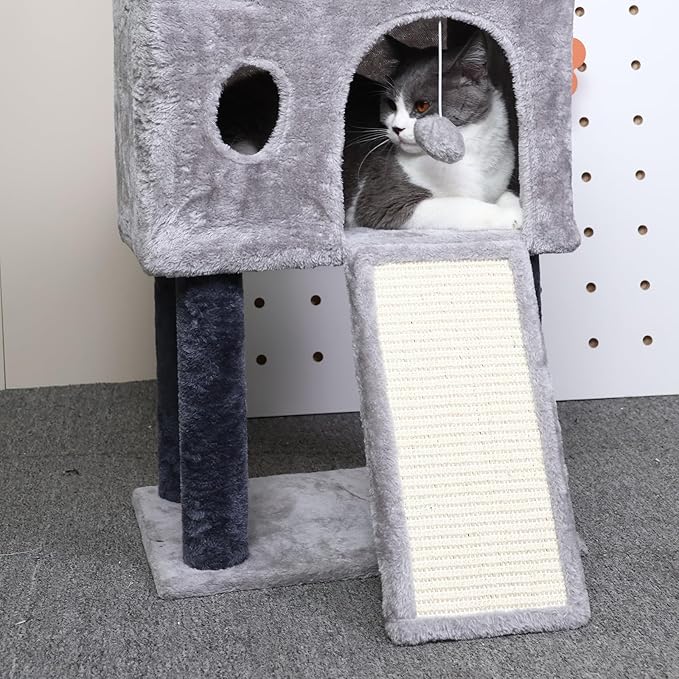 41″ Cat Tree for Indoor Cats Furniture, Cat Tower with Scratching Board and Save Space, Modern Activity House for Large Cats, Condo with Ball Toys, Kittens Cave, Cat's nest, Light Grey