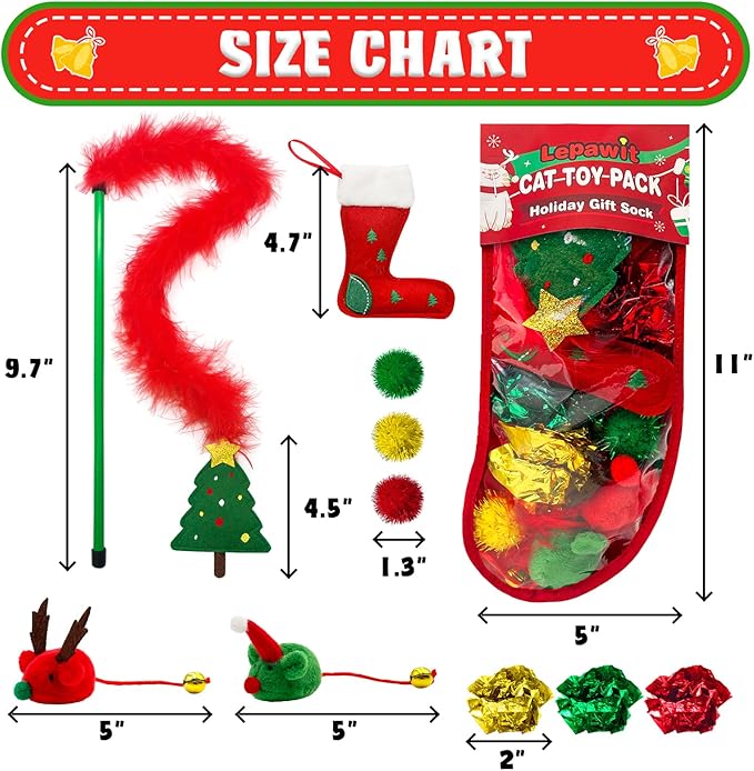 Cat Christmas Stocking, 10 Pack Gifts for Christmas, Interactive Feather Toy with Catnip, Cat Ball Toys, Crinkle Balls, Mice Toys for Indoor Cats & Kitten