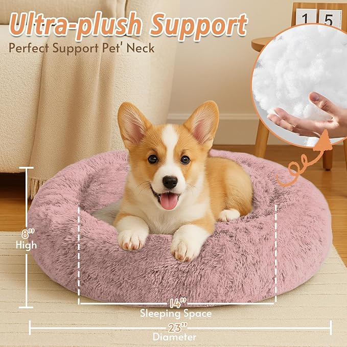 JOLLYVOGUE Small Dog & Cat Beds for Indoor Cats, Donut Cuddler Warming Soft Dog Beds with Anti-Slip Bottom, Round Calming Fluffy Plush Faux Fur Cushion Bed for Small Dogs (23", Dark Pink)