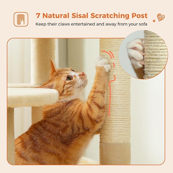 Cat Tree for Indoor Cats, 64.5" Tall Cat Tower with 2 Cozy Condos, Scratching Posts, Large Hammock and Dual Padded Perches, Multi-Level Activity Center for Large Cats, Beige