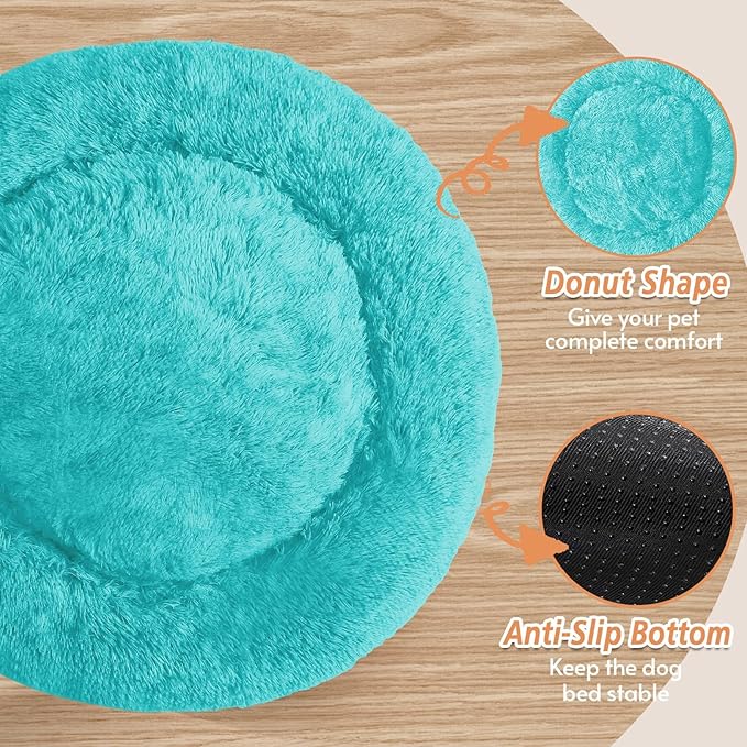 JOLLYVOGUE Small Dog & Cat Beds for Indoor Cats, Donut Cuddler Warming Soft Dog Beds with Anti-Slip Bottom, Round Calming Fluffy Plush Faux Fur Cushion Bed for Small Dogs (23", Aqua Blue)