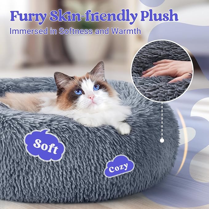 rabbitgoo Cat Beds for Indoor Cats, 20 inches Cat Bed Machine Washable, Fluffy Round Pet Bed Non-Slip, Calming Soft Plush Donut Cuddler Cushion Self Warming for Small Dogs Kittens, Dark Grey, Medium