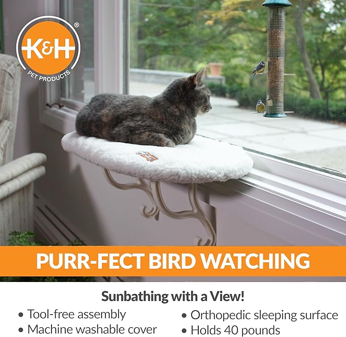 K&H Pet Products Kitty Sill Cat Window Perch for Large Cats, Orthopedic Window Hammock Bed Holds 40LBS, Washable Cover, Kitty Windowsill Bed Seat for Indoors - Cream Fleece, Unheated, 14 X 24in