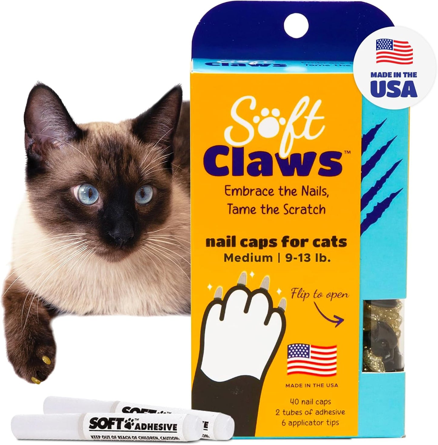 Soft Claws Cat Nail Caps for Medium Cats – (40 Caps, Black &amp; Gold) - Made in USA - Veterinarian-Developed | Protects Furniture &amp; Skin - Easy to Apply, Long-Lasting Anti-Scratch Soft Cat Claw Covers