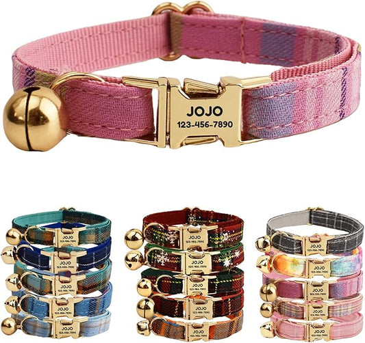Plaid Polyester Personalized Cat Collar with Name & Owner Phone, Customizable Laser-Engraved, Charming Bell, Metal Buckle for Kittens and Cats - Matching Leash Available (Style-L)