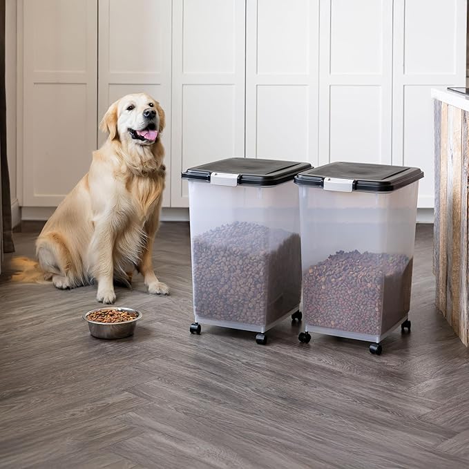 IRIS USA Airtight Dog Food Storage Container, Up to 54 lbs, Attachable Wheels, For Dog Cat Bird and Other Pet Food Storage Bin, Keep Fresh, Translucent Body, Easy Mobility, 2 Pack, Black