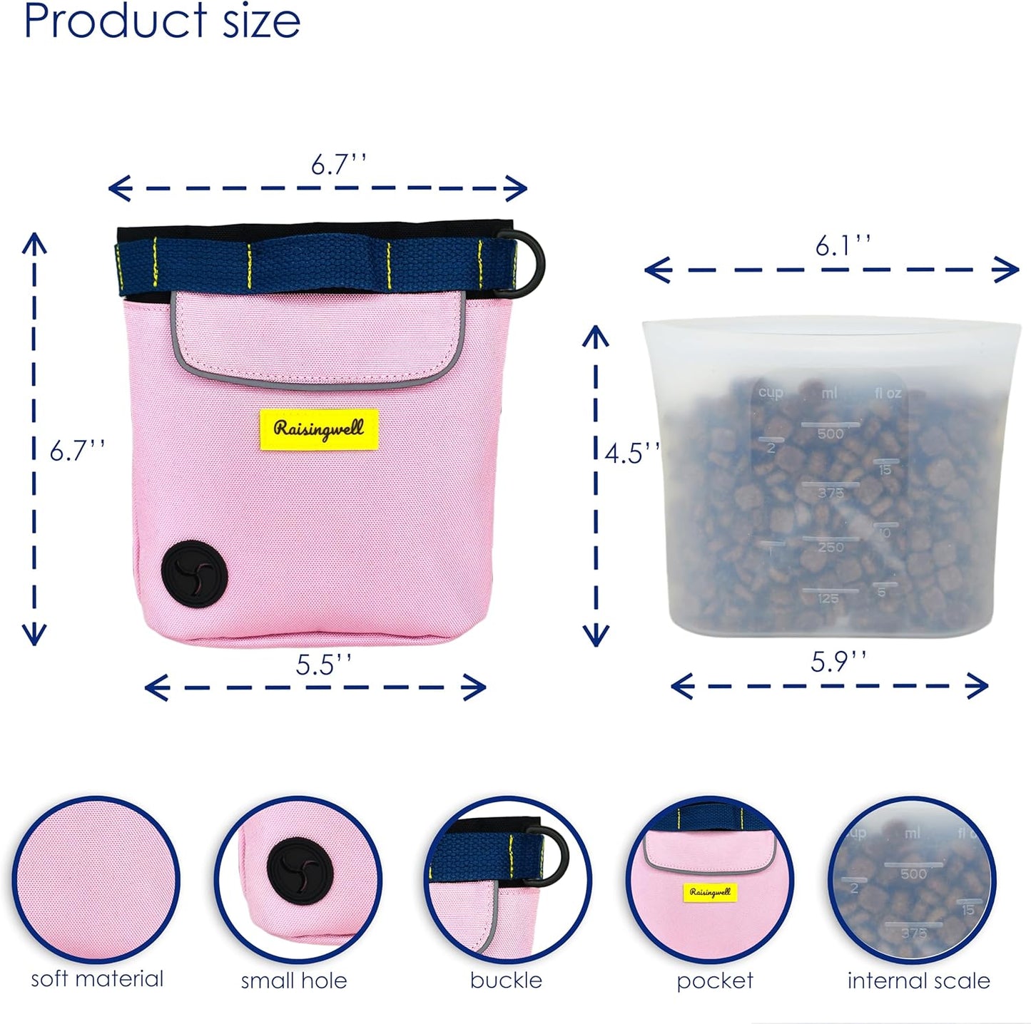 Dog Treat Pouch for Pet Walking and Training with Clicker 2 Cup Silicone Bag Small Fanny Pack Holder for Puppy Snack Dispenser Kit for Leash and Outdoor Use (Pink)