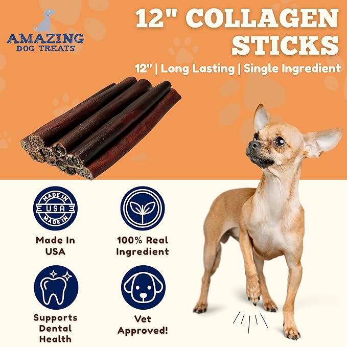 Amazing Dog Treats 12 Inch Collagen Stick - (10 Count)- Collagen Sticks for Dogs - No Hide Dog Bones