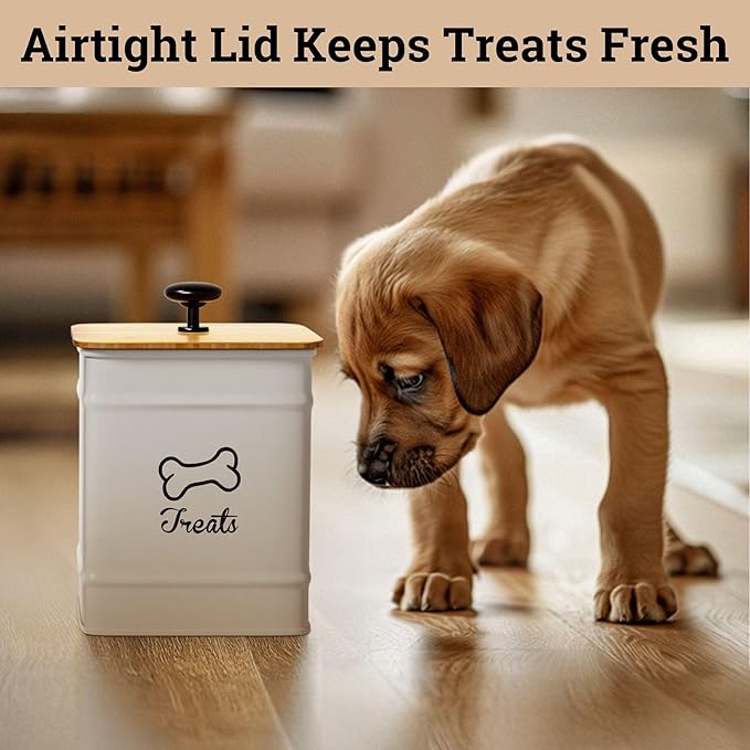Dog Treat Container Airtight - 5 Inch Wide x 7 Inch Tall Iron Dog Treat Jar for Kitchen Counter with Airtight Bamboo Lid - 7 Cup Capacity Pet Treat Container - Doggie Cookie Jar - Big Treats Canister