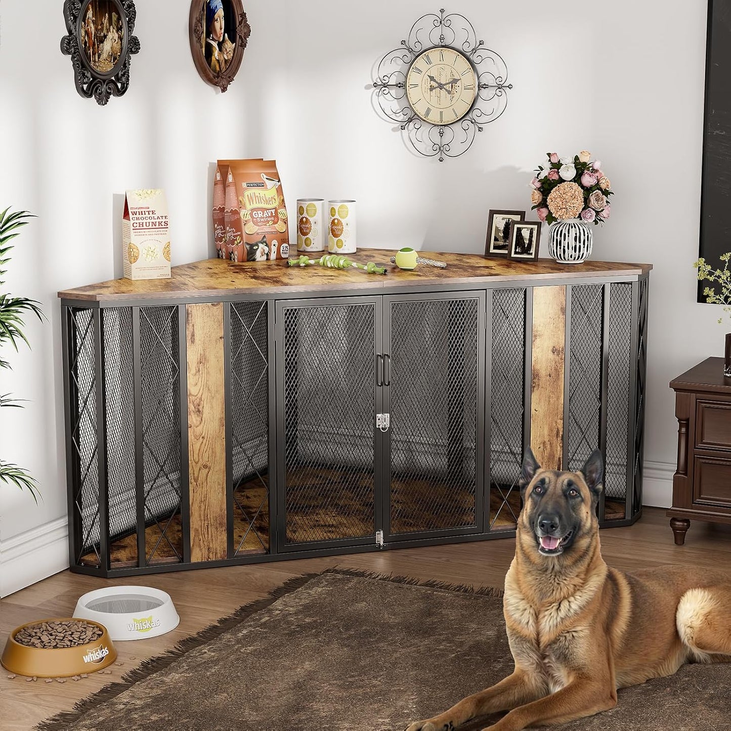XL Corner Dog Crate Furniture, Decorative Dog Crates Dog Cage TV Stand with Diamond Metal Decoration, Wooden Dog Crate with Double Lock Design, Dog Crates Table, Retro Brown