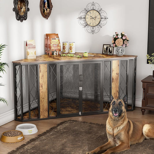 XL Corner Dog Crate Furniture, Decorative Dog Crates Dog Cage TV Stand with Diamond Metal Decoration, Wooden Dog Crate with Double Lock Design, Dog Crates Table, Retro Brown