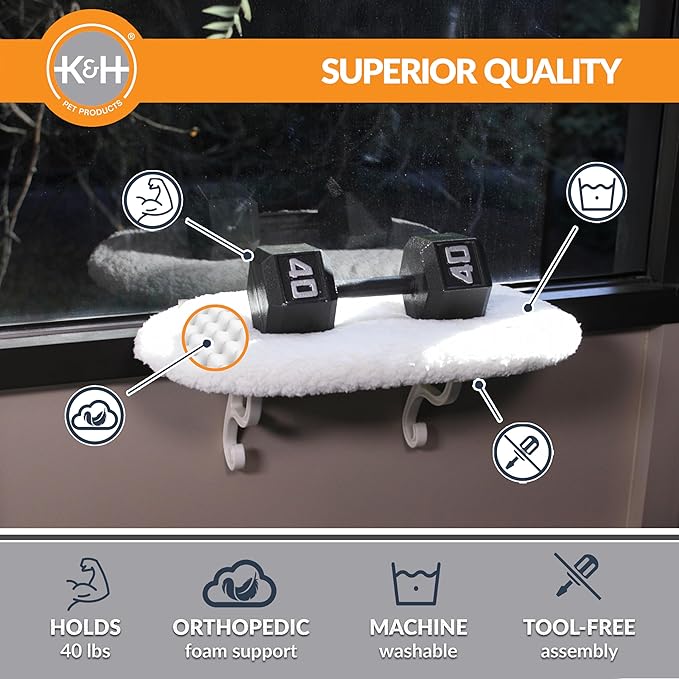 K&H Pet Products Kitty Sill Cat Window Perch for Large Cats, Orthopedic Window Hammock Bed Holds 40LBS, Washable Cover, Kitty Windowsill Bed Seat for Indoors - Cream Fleece, Unheated, 14 X 24in