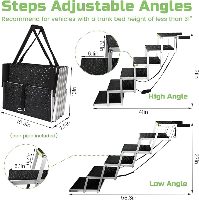 Sturdy 6-Step Aluminum Frame Dog Stair with 1680D PVC Fabric - Non-Slip, Lightweight & Portable - Ideal for Car, SUV, Truck Access - Black (106x80x43cm)