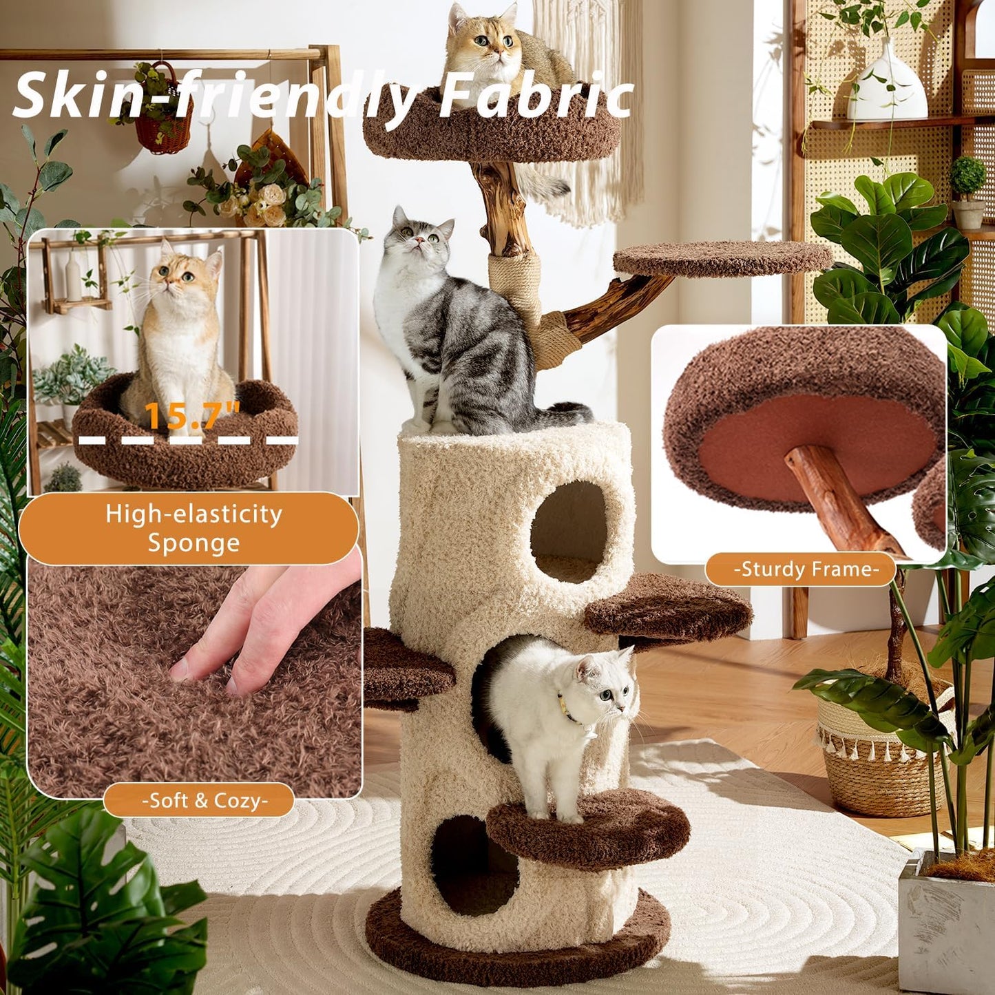 54.7'' Modern Cat Tree for Indoor Cats Large Adult, Wood Cat Tree with 3 Spacious Condos, Luxury Cat Tower with Cozy Perch, Scratching Post, Sturdy Kitty House Furniture for Small Medium Large Cats