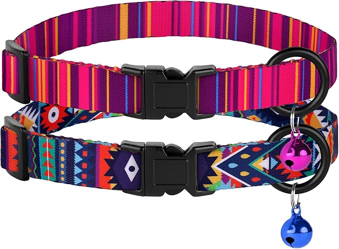 Cat Collars 2 Pack - Soft Cute Breakaway Collar with Bell, Adjustable Safety Kitten Collars for Girl & Boy Cats – Comfortable Stylish Patterned Print Lightweight (Ethnic + Striped)