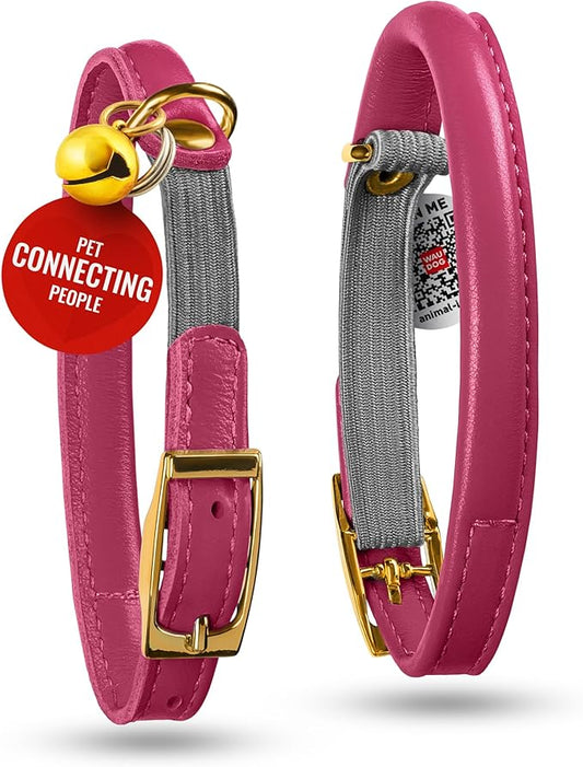 WAUDOG Ultra Soft Rolled Leather Cat Collar with Removable Bell, Safety Elastic Strap and QR ID Tag - Soft Padded for Small, Medium, and Large Cats - Round Kitten Collar for Male and Female Cats