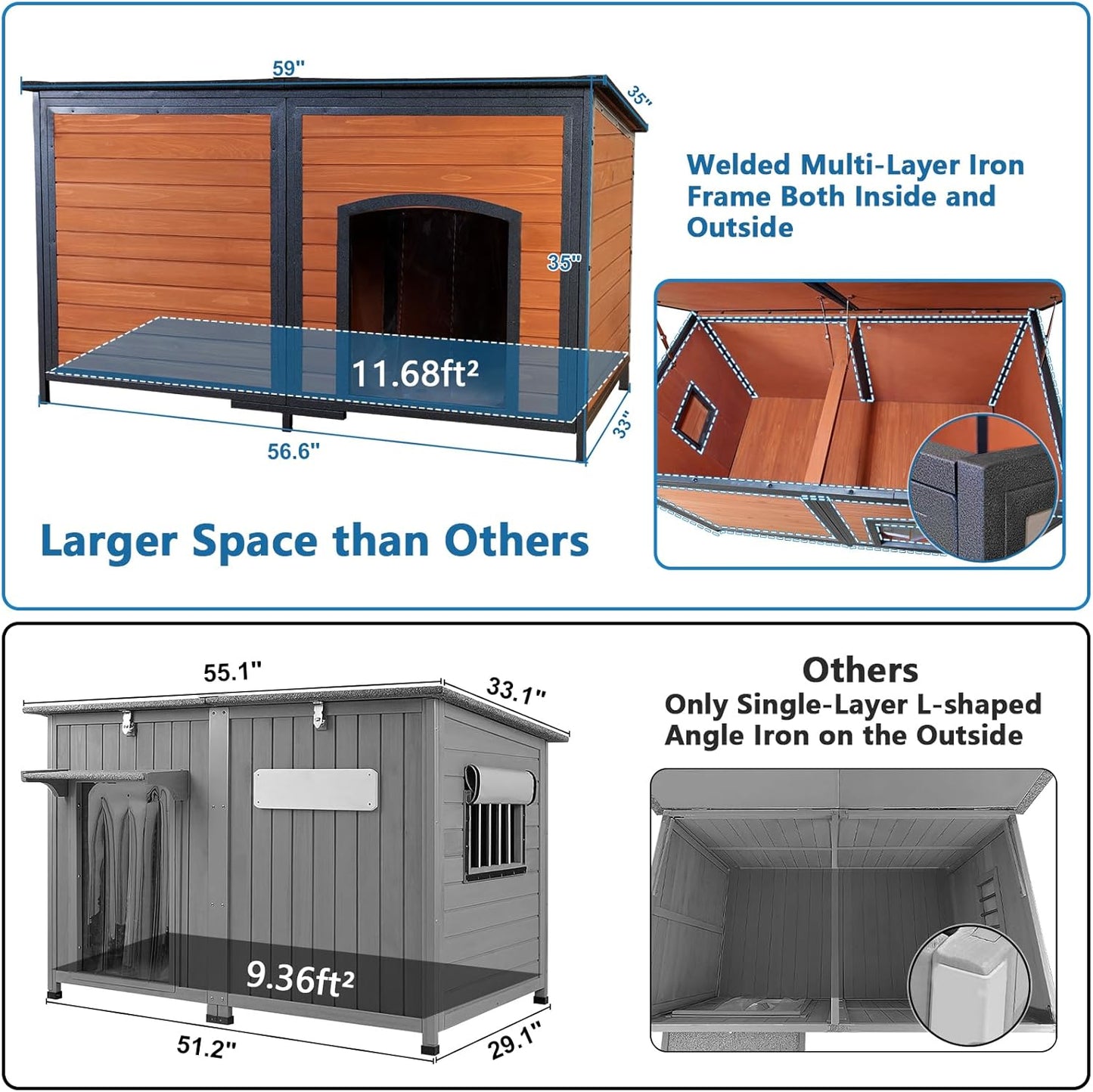 Extra Large Dog House Outdoor Weatherproof 59.1" Outside Wooden Dog Kennel, Chewproof Strong Iron Frame Window
