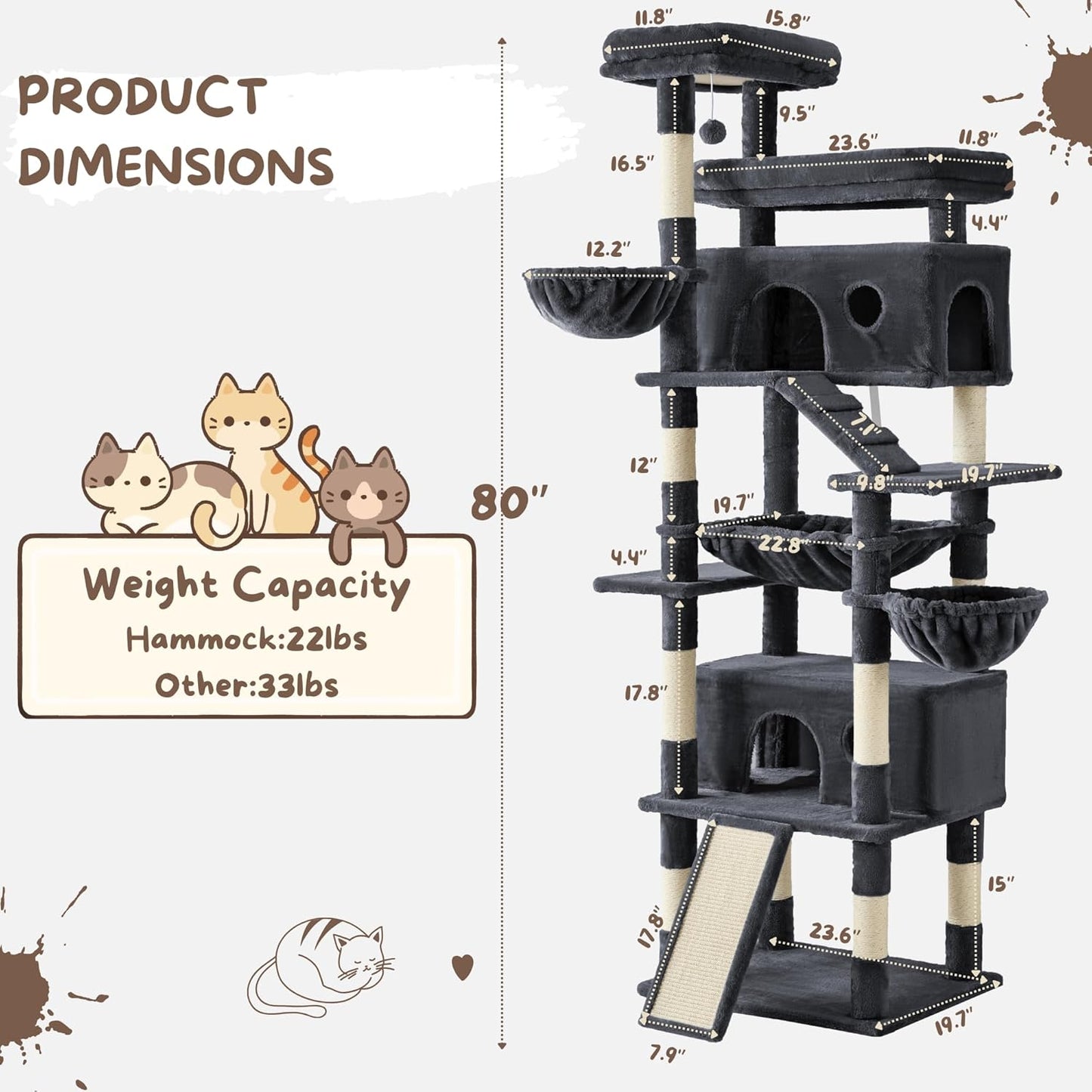 Cat Tree, 80-Inch Large Cat Tower with 9 Scratching Posts, 2 Perches, 2 Caves, 2 Basket, 2 Stairs, Extra Large Hammock, Pompoms, Multi-Level Plush Cat Condo for Indoor Cats/Smoky Grey