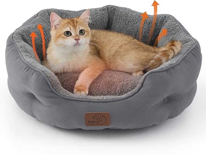 Bedsure Self Warming Cat Bed - Round Cat Beds for Indoor Cats, Washable Pet Bed for Puppy and Kitten with Slip-Resistant Bottom, 20 Inches, Self Warming Grey, Non-Electric