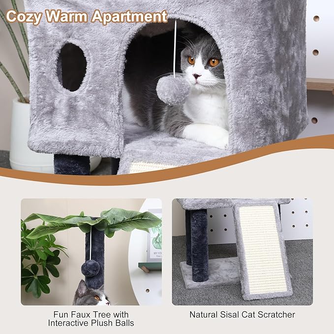 41″ Cat Tree for Indoor Cats Furniture, Cat Tower with Scratching Board and Save Space, Modern Activity House for Large Cats, Condo with Ball Toys, Kittens Cave, Cat's nest, Light Grey
