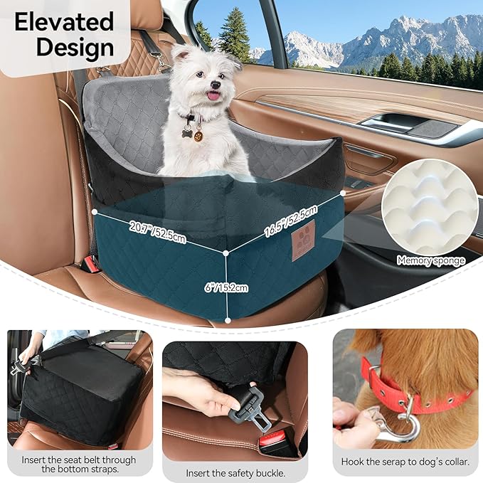 Dog Car Seat for Small/Medium Dogs, Dog Booster Car Seats with Thick Cushion for Dogs Under 35lbs, Detachable Washable Pet Car Seat with Storage Pockets, 2 Safety Belts(Black/Grey)